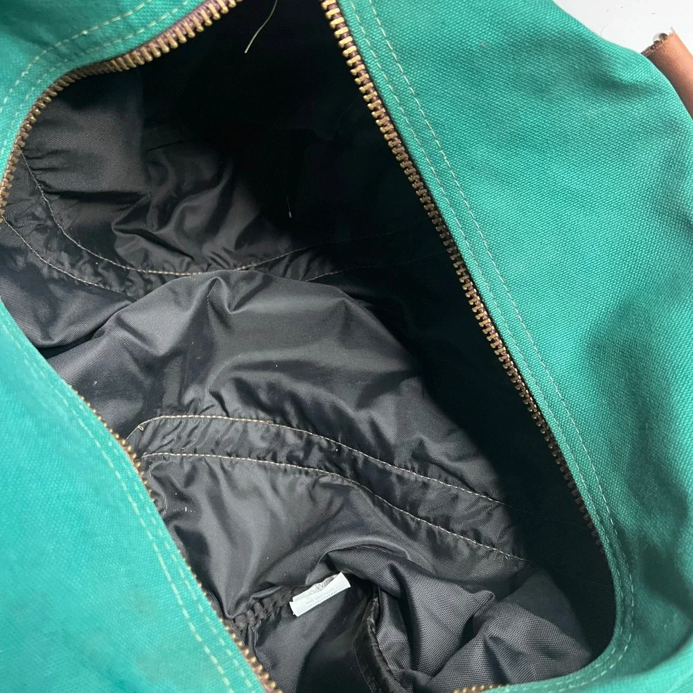 Vintage Crafted With Pride Green Canvas Leather Duffel Bag USA Made Weekender